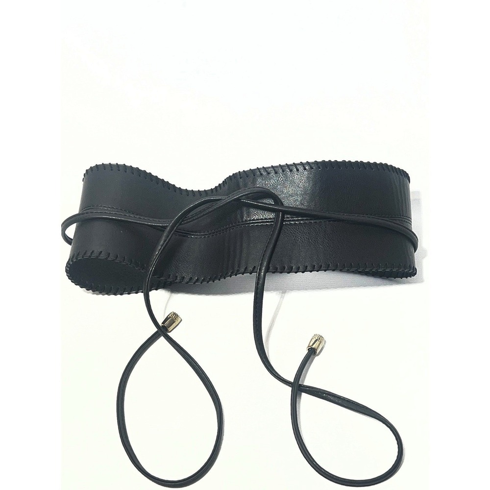 ASOS Belt Black Faux Leather Obi Wrap Whipstitch Waist Cinch Womens L Boho Chic